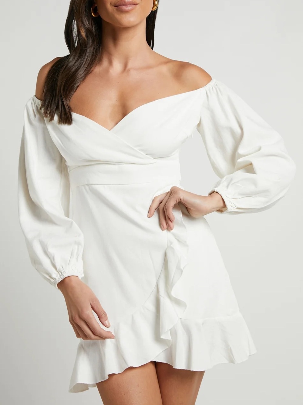 SHOWPO Can’t Move On Mini Linen Blend Off The Shoulder Dress in White